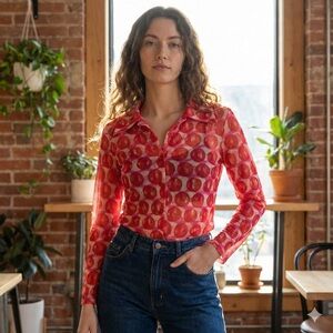 Vintage Kookai Mesh Shirt Size 1 S Red Pink Polka Dot Sheer Button Up France